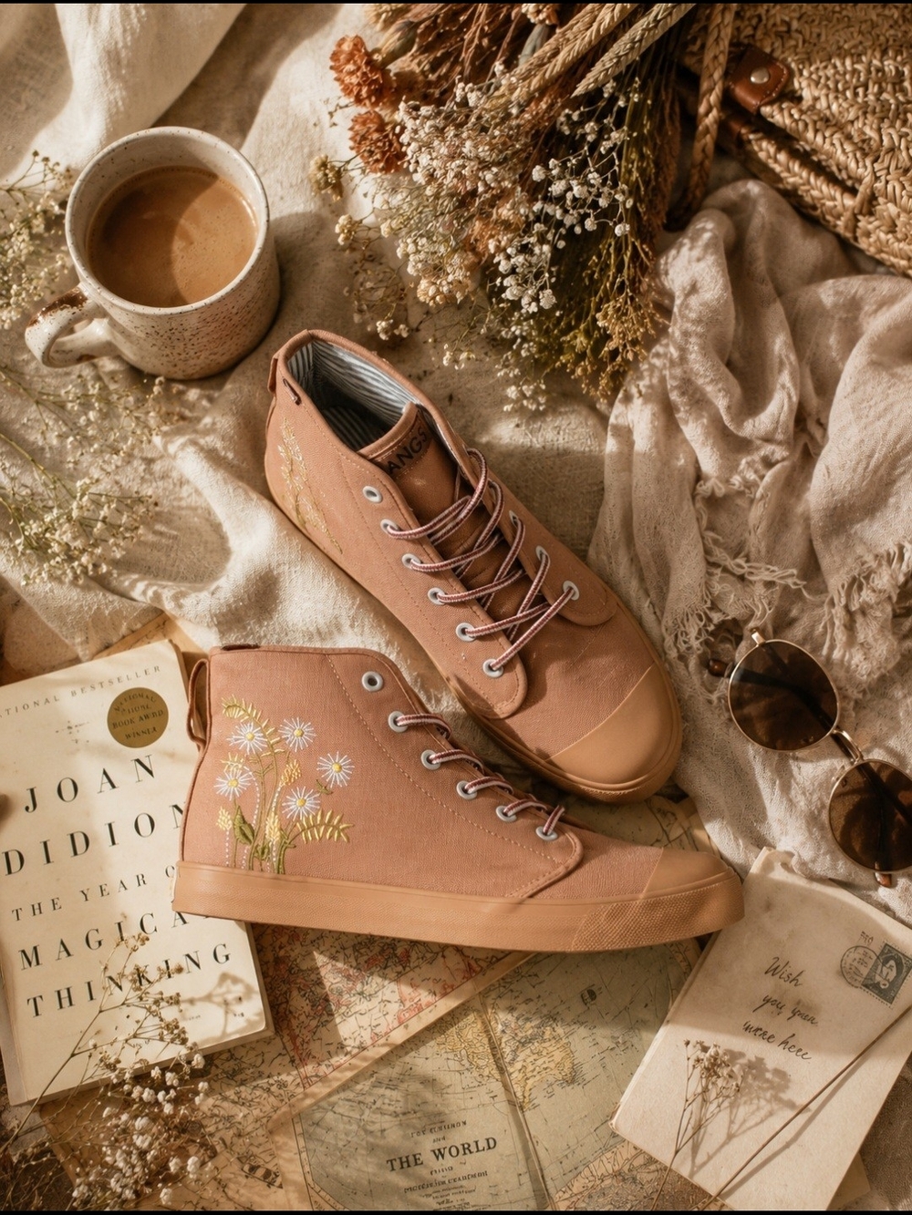 Canvas High-Top Sneakers with Floral Embroidery - Pink